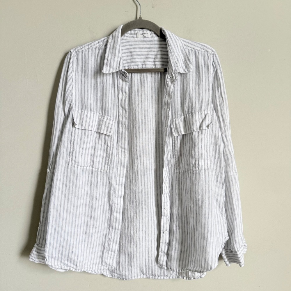 Babaton Aritzia Lily Linen Striped Button Down Shirt Grey White Medium M